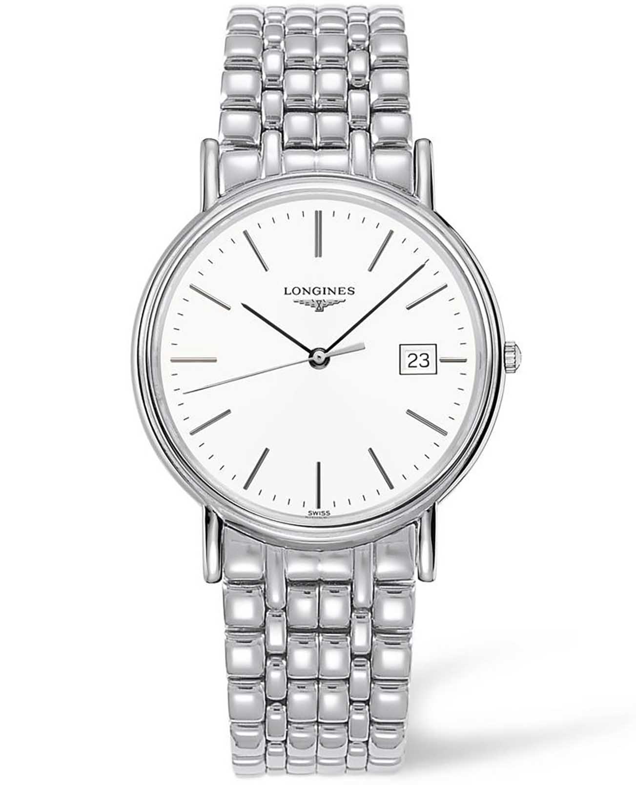 Longines Longines Presence L4.790.4.12.6  L47904126 кварцевые мужские часы белый циферблат, браслет нержавеющая сталь — вид спереди